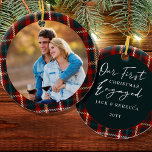 First Christmas Engaged Tartan Plaid Photo Ceramic Ornament<br><div class="desc">First Christmas engaged photo ornament, personalized with a photo, names and the year. The design is double sided and features tartain plaid frames with hand lettering. The photo template displays your picture as a round shape and the other side is lettered with "our first christmas engaged ... [last name and...</div>
