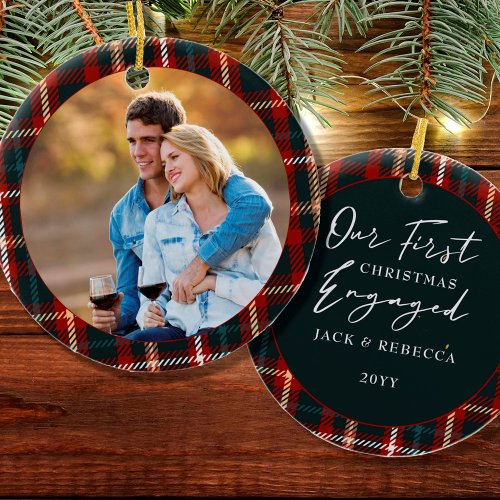 First Christmas Engaged Tartan Plaid Photo Ceramic Ornament