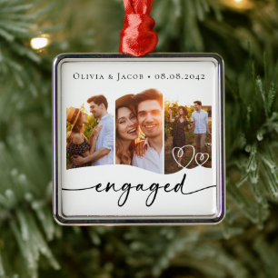 First Christmas Engaged Three Photo Metal Ornament