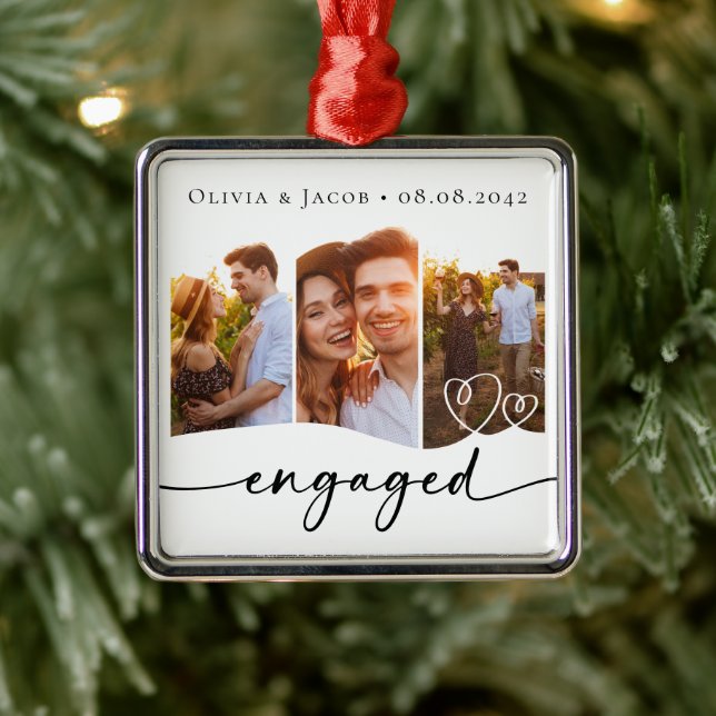 First Christmas Engaged Three Photo Metal Ornament (Tree)
