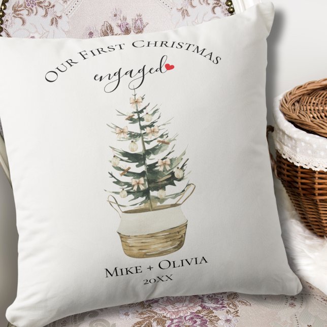 First Christmas Engaged Tree Gold Bow Photo Custom Throw Pillow (Creator Uploaded)
