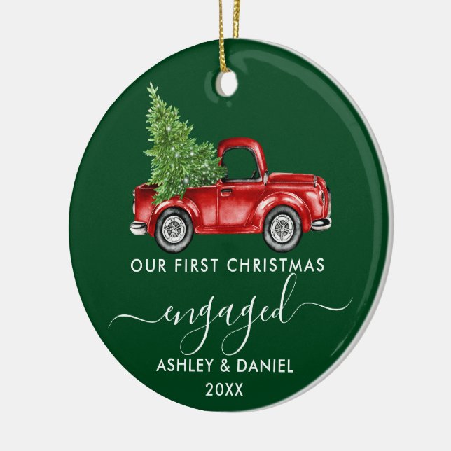 First Christmas Engaged Truck Calligraphy PHOTO Ceramic Ornament (Left)