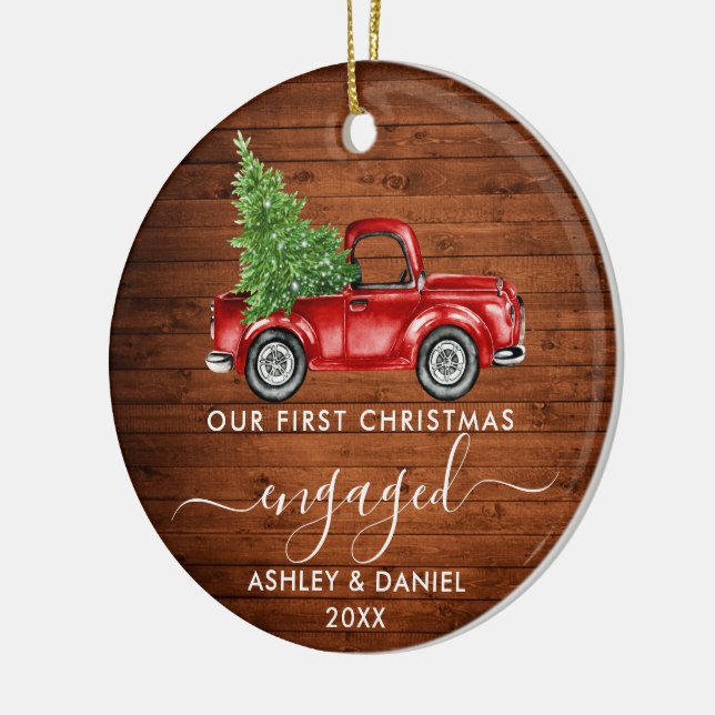 First Christmas Engaged Truck Wood PHOTO Ceramic Ornament (Left)