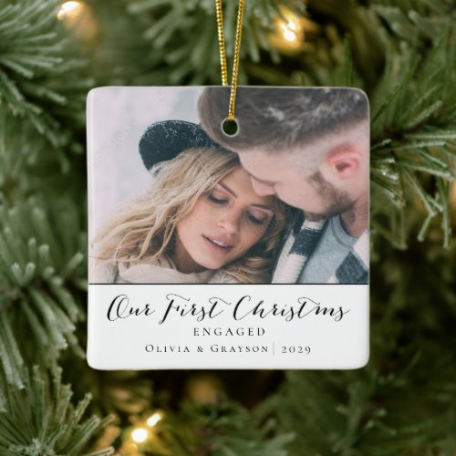First Christmas Engaged  Two Photo Christmas  Ceramic Ornament