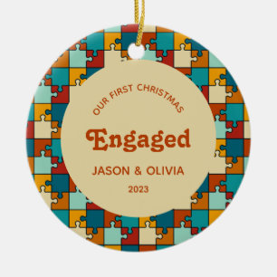 First Christmas Engaged Vintage Puzzle Photo Ceramic Ornament
