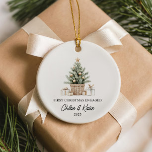 First Christmas Engaged Watercolor Christmas Tree Ceramic Ornament