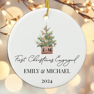First Christmas Engaged Watercolor Christmas Tree Ceramic Ornament
