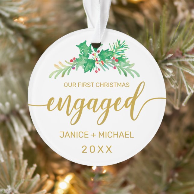 First Christmas Engaged Watercolor Holly Botanical Ornament (Tree)