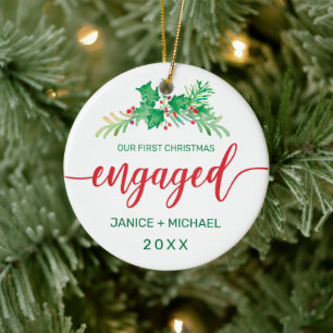First Christmas Engaged Watercolor Holly Photo Red Ceramic Ornament
