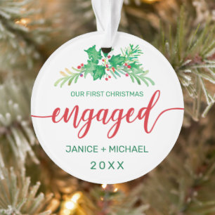First Christmas Engaged Watercolor Holly Photo Red Ornament