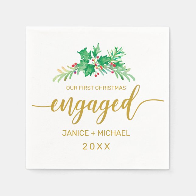 First Christmas Engaged Watercolor Holly Script Napkins (Front)