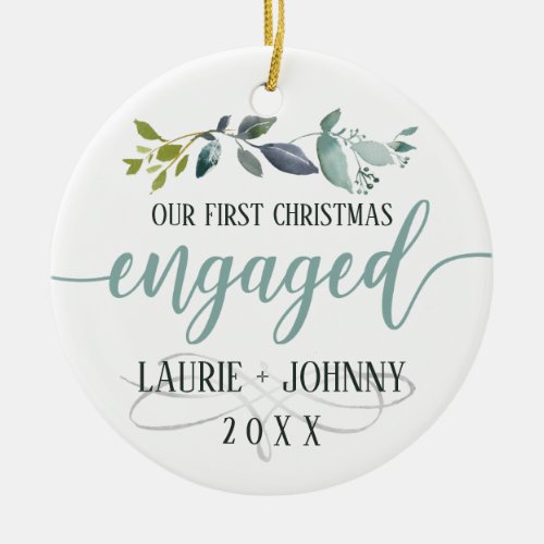 First Christmas Engaged Watercolor Leaves Photo Ceramic Ornament