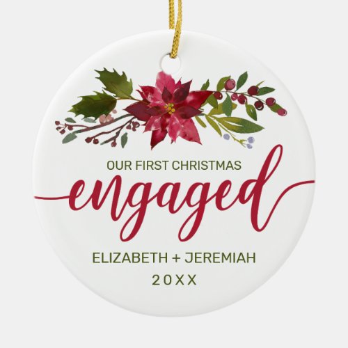 First Christmas Engaged Watercolor Poinsettia Ceramic Ornament