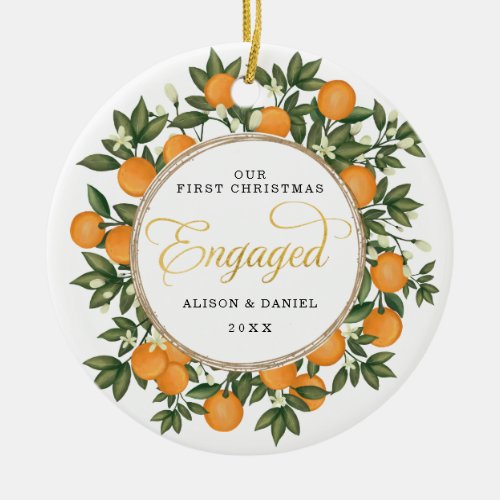 First Christmas Engaged Wedding Citrus Greenery Ceramic Ornament