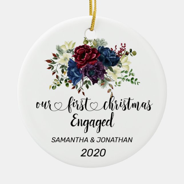 First Christmas Engaged Winder Floral Custom Ceramic Ornament (Front)