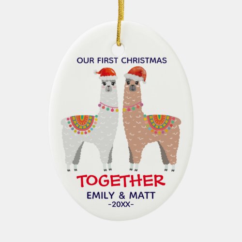 First Christmas engaged with couple of llama Ceramic Ornament