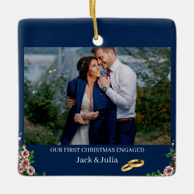 First Christmas Engaged With Engagement Photo Ceramic Ornament (Front)