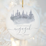 First Christmas Engaged Woodland Dusty Blue Script Ceramic Ornament<br><div class="desc">Commemorate your engagement with this beautiful rustic keepsake ornament. The dusty blue text reads "Our first Christmas engaged, " with the word "engaged" in elegant script with flourishes before and after. The watercolor illustration features a winter woodland forest scene of evergreen trees in muted shades of dusty blue and gray....</div>