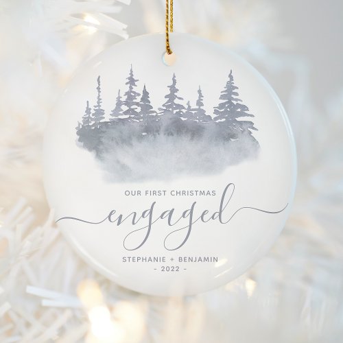 First Christmas Engaged Woodland Dusty Blue Script Ceramic Ornament