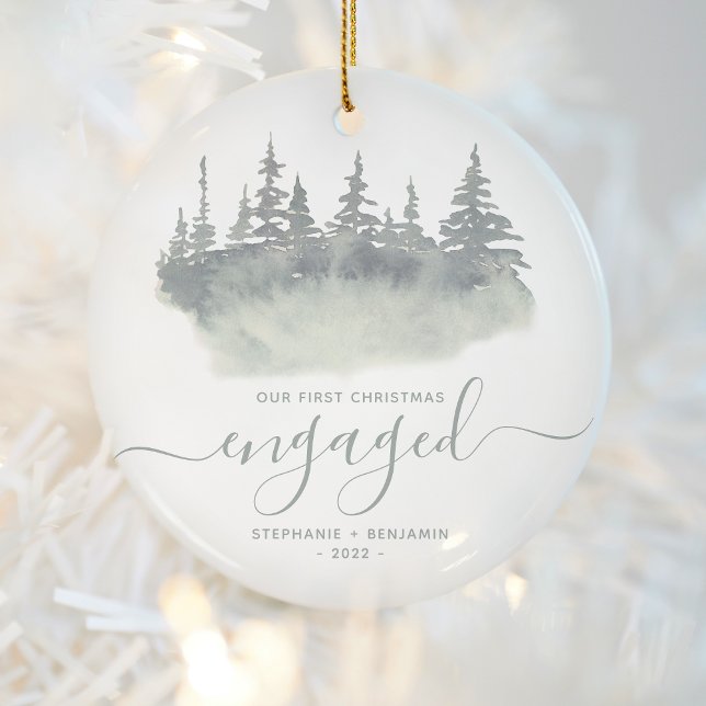 First Christmas Engaged Woodland Sage Green Script Ceramic Ornament (Creator Uploaded)