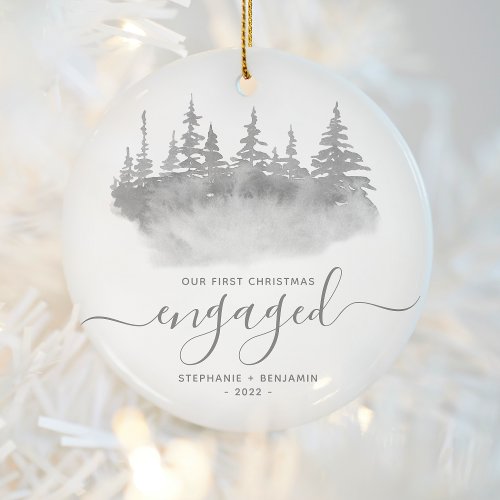 First Christmas Engaged Woodland Trees Gray Script Ceramic Ornament