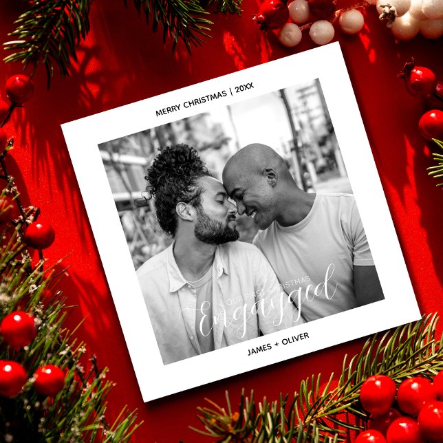 First Christmas Engayged Gay Pride Custom Photo Holiday Card (Creator Uploaded)