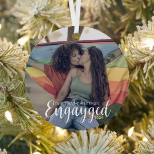 First Christmas Engayged Gay Pride Personalized Metal Ornament