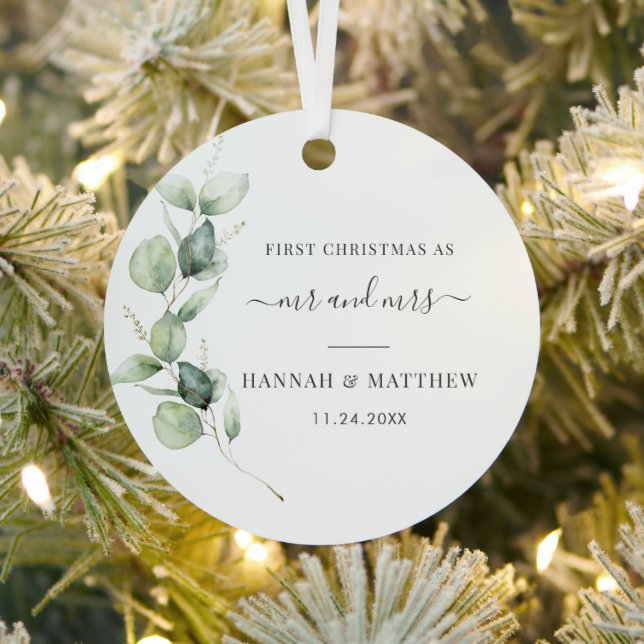 First Christmas Eucalyptus Wedding Day Photo Metal Ornament (Insitu)