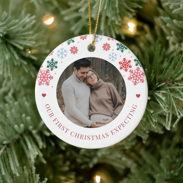 First Christmas Expecting 2 Pregnancy Photos Red Ceramic Ornament (Tree)