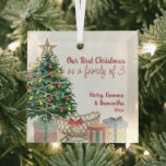 First Christmas Family of 3 Christmas Tree Crib Gl Glass Ornament<br><div class="desc">Our First Christmas as a family of 3 Personalized holiday ornament keepsake for your first christmas with your 1st baby. The design features a lit christmas tree with crib and gift wrapped presents. Personalize with your names and the year. Perfect as a birth announcement or as a little sentimental gift...</div>
