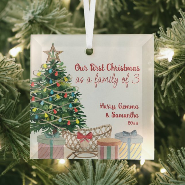 First Christmas Family of 3 Christmas Tree Crib Gl Glass Ornament (Insitu)