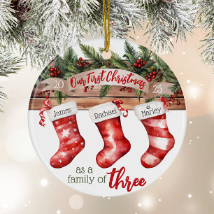 First Christmas Family of 3 Dog Name Stockings Ceramic Ornament