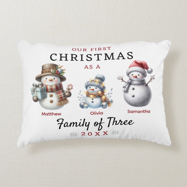 First Christmas Family of 3 Snowman Accent Pillow (Front)