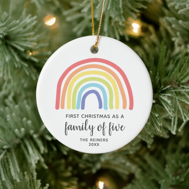 First Christmas Family Of 5 Personalized Rainbow Ceramic Ornament (Tree)
