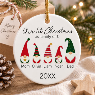 First Christmas Family of five Gnomes Scandinavian Ceramic Ornament