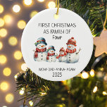 First Christmas Family of Four 4 Snowmans Holiday Ceramic Ornament<br><div class="desc">First Christmas as Family of Four With Four Snowmans Ceramic Ornament 
The perfect first Christmas keepsake for your family's first Christmas with your new baby.
Customize your ornament with your family names and date.</div>