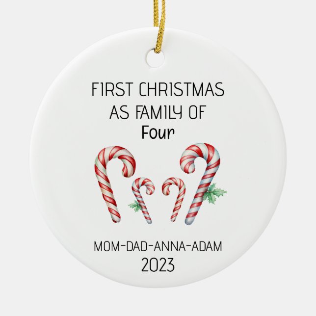 First Christmas Family of Four Candy Canes  Ceramic Ornament (Front)