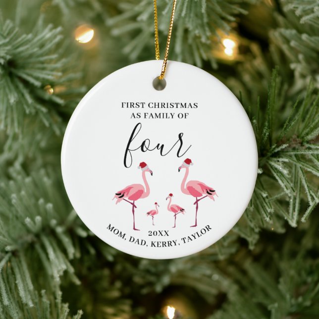 First Christmas Family of Four Cute Flamingo Ceramic Ornament (Tree)