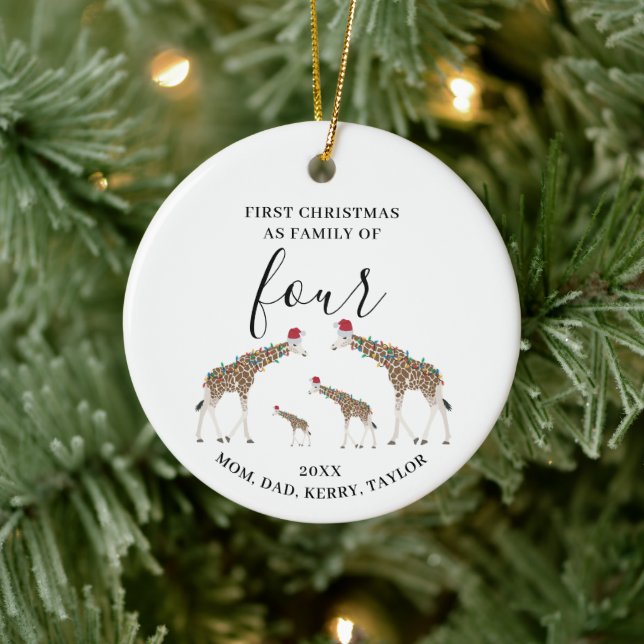 First Christmas Family of Four Cute Giraffes Ceramic Ornament (Tree)