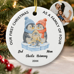 First Christmas Family of Four Cute Penguins Photo Ceramic Ornament