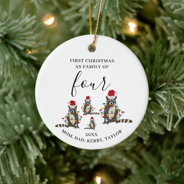 First Christmas Family of Four Cute Raccoon  Ceramic Ornament (Tree)