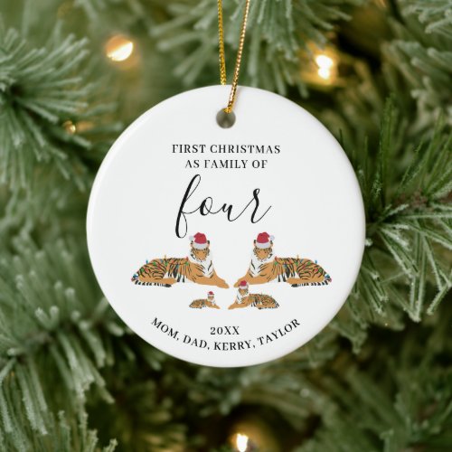 First Christmas Family of Four Cute Tigers Ceramic Ornament