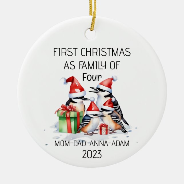 First Christmas Family of Four Woodpeckers Birds Ceramic Ornament (Front)