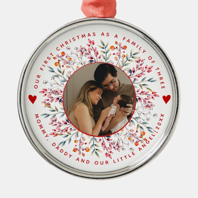 First Christmas family of three berry border photo Metal Ornament (Front)