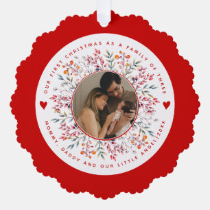First Christmas family of three berry border photo Ornament Card