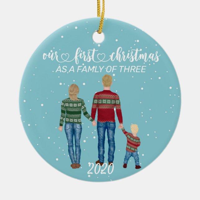 First Christmas Family of Three Blonde Hair Girl Ceramic Ornament (Front)