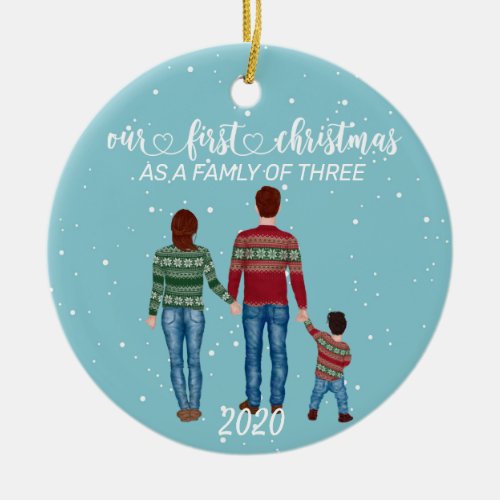First Christmas Family of Three Brown Hair Girl Ceramic Ornament