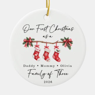First Christmas Family of Three Custom Ceramic Ornament