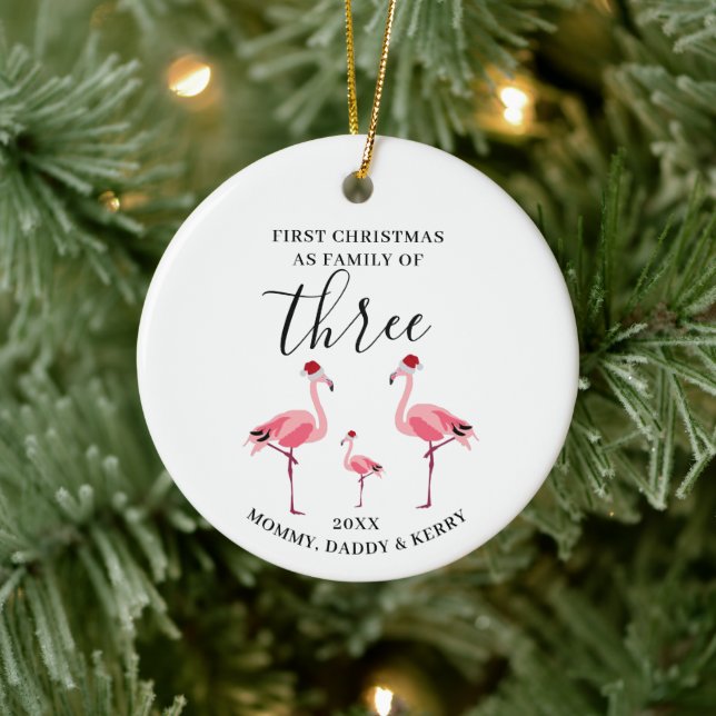First Christmas Family of Three Cute Flamingo Ceramic Ornament (Tree)