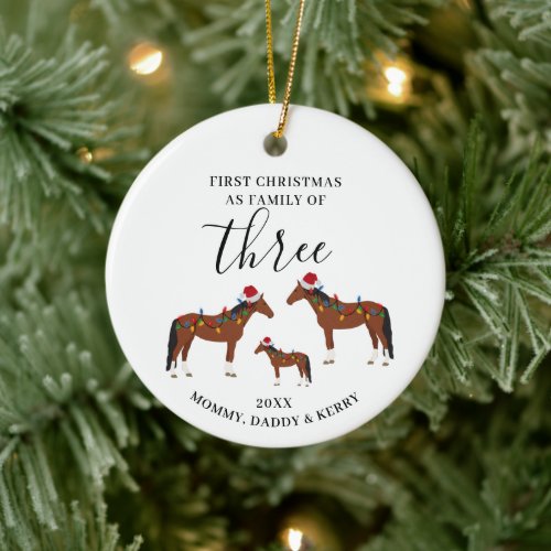 First Christmas Family of Three Cute Horses Ceramic Ornament